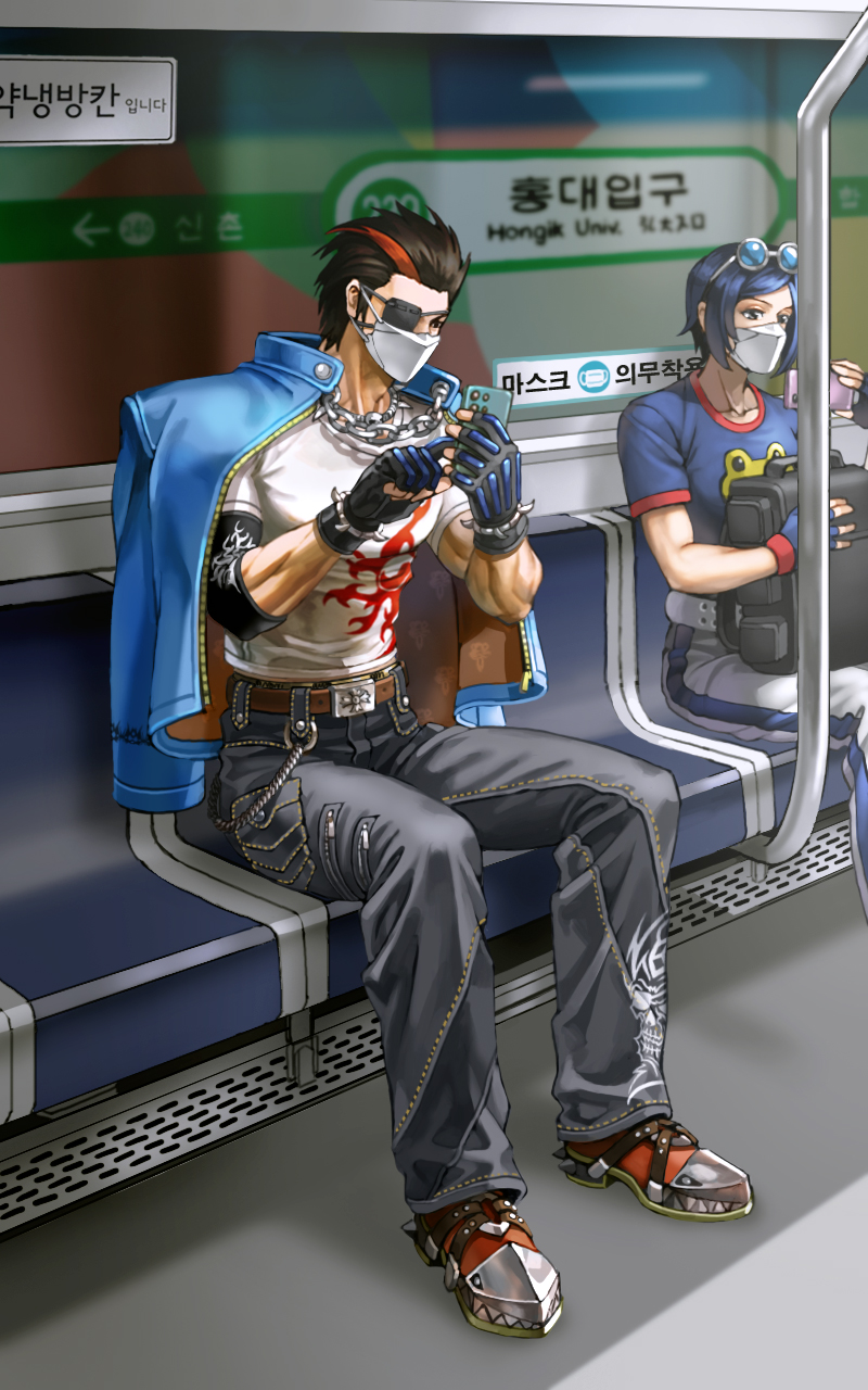 1boy 1girl black_hair blue_hair blue_jacket cape cellphone cloak eyepatch highres holding holding_phone hwoarang_(tekken) jacket jacket_on_shoulders long_sleeves mask may_lee mouth_mask multicolored_hair muscular muscular_male neobianiblarts open_clothes open_jacket pants phone seat shirt smartphone snk streaked_hair subway tekken tekken_7 the_king_of_fighters the_king_of_fighters_2001 the_king_of_fighters_2002 train_interior white_shirt