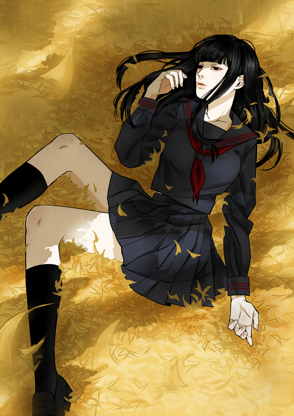 1girl bangs black_eyes black_footwear black_hair black_serafuku black_skirt black_socks blunt_bangs collarbone from_side ginkgo hair_behind_ear hair_flowing_over hiakko highres leaf loafers long_hair long_sleeves looking_away lying neckerchief on_ground on_side original pink_lips pleated_skirt red_neckerchief school_uniform serafuku shoes skirt socks solo yellow_leaves