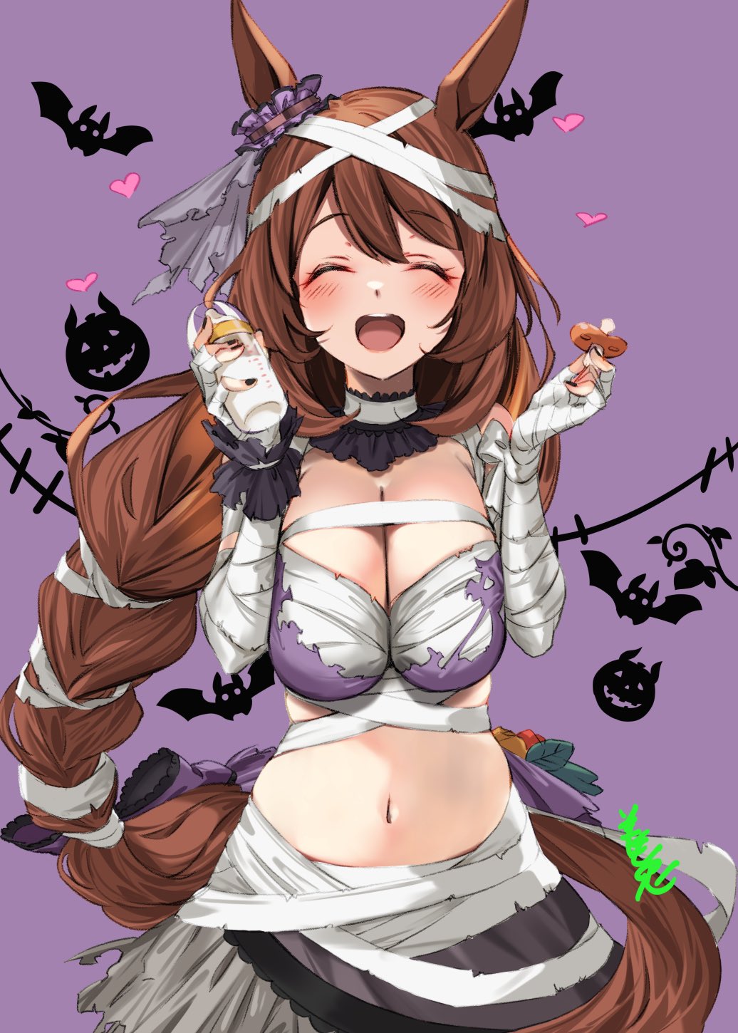 1girl animal_ears baby_bottle bandaged_arm bandages bangs bat_(animal) blush bottle braid braided_ponytail breast_squeeze breasts brown_hair candy cleavage closed_eyes food heart highres holding holding_food horse_ears horse_girl horse_tail large_breasts long_hair make_up_in_halloween!_(umamusume) midriff navel official_alternate_costume open_mouth out_of_frame pacifier pumpkin purple_background signature solo speech_bubble super_creek_(chiffon_ribbon_mummy)_(umamusume) super_creek_(umamusume) tail torn_clothes umamusume upper_body youmou_usagi