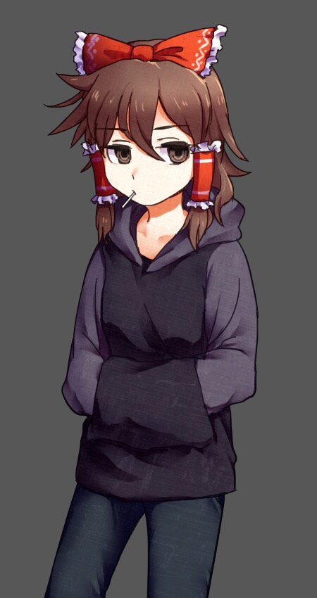 1girl bangs black_hoodie bow brown_eyes brown_hair cigarette closed_mouth commentary_request cookie_(touhou) expressionless feet_out_of_frame flat_chest frilled_bow frilled_hair_tubes frills grey_background grey_pants hair_between_eyes hair_bow hair_tubes hakurei_reimu hands_in_pocket hood hood_down hoodie looking_at_viewer maru_(cookie) medium_hair pants red_bow simple_background solo tomoshige touhou