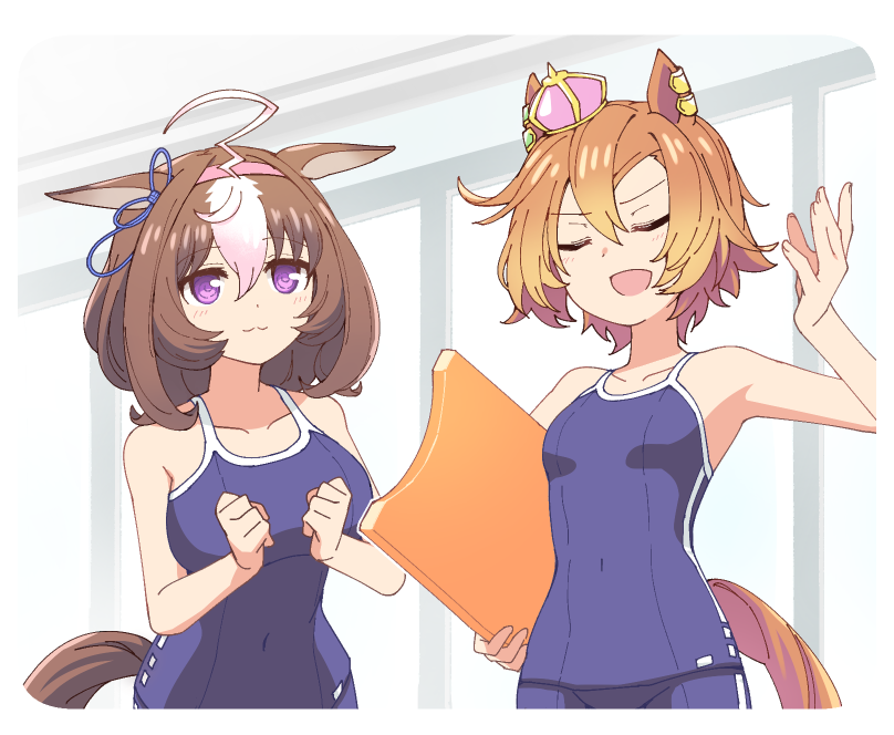 2girls :3 animal_ears bangs bare_shoulders blush breasts brown_hair clenched_hands closed_eyes closed_mouth crown hand_up hihiqhi horse_ears horse_girl horse_tail kickboard large_breasts looking_at_another medium_hair meisho_doto_(umamusume) mini_crown multiple_girls open_mouth orange_hair purple_eyes school_swimsuit short_hair small_breasts smile swimsuit t.m._opera_o_(umamusume) tail umamusume