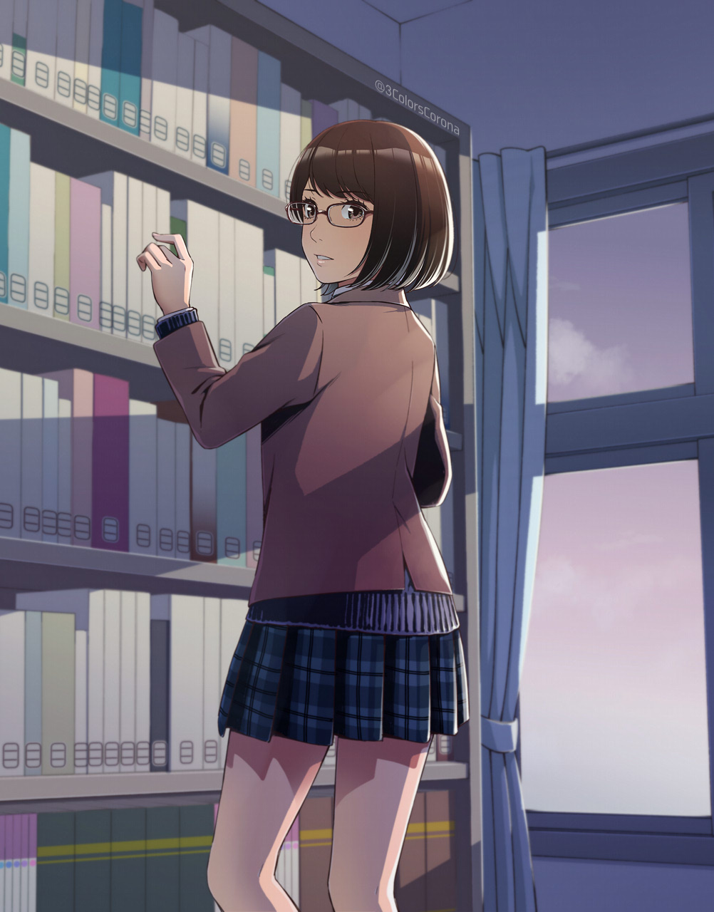 1girl bangs binder blazer blue_skirt book bookshelf brown_eyes brown_hair brown_jacket cardigan curtains from_side glasses highres indoors jacket library long_sleeves looking_at_viewer original parted_lips plaid plaid_skirt pleated_skirt school_uniform shadow short_hair skirt skylight sunlight suzuki_hinomi too_many too_many_books window