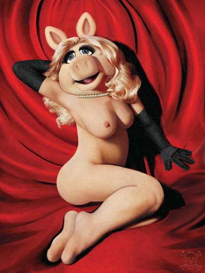 blonde_hair breasts cheese_cake clothing domestic_pig female gloves hair handwear humanoid jewelry looking_at_viewer mammal miss_piggy muppets necklace nipples nude smile solo suid suina sus_(pig) the_muppet_show unknown_artist