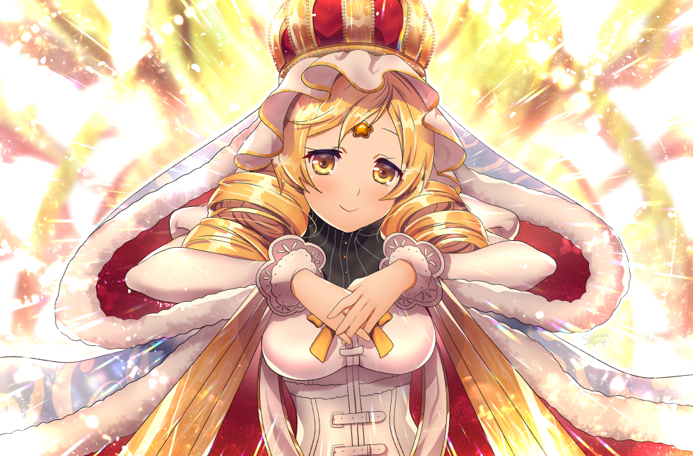 1girl arrow_(projectile) backlighting bangs blonde_hair blurry blurry_background bokeh breasts buttons cape corset crown depth_of_field diffraction_spikes doily drill_hair eyelashes framed_breasts fur fur-trimmed_cape fur_trim gold_trim hands_up high_collar holy_mami huge_breasts interlocked_fingers juliet_sleeves light_particles long_sleeves looking_at_viewer magia_record:_mahou_shoujo_madoka_magica_gaiden magic_circle mahou_shoujo_madoka_magica own_hands_together parted_bangs puffy_sleeves ribbon shiny shiny_hair smile solo soul_gem striped suou_sakura swept_bangs tomoe_mami twin_drills upper_body vertical_stripes yellow_eyes yellow_ribbon