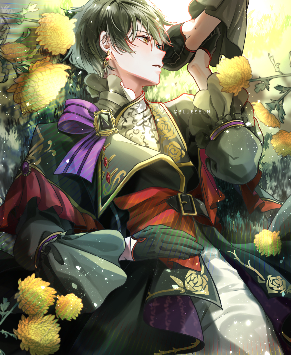 1boy aqua_eyes belt black_belt black_capelet black_coat black_gloves black_hair blueseun brooch capelet chrysanthemum coat commentary cowboy_shot earrings ensemble_stars! floral_print flower frilled_capelet frills glint gloves hair_between_eyes half_gloves hand_on_own_stomach heterochromia highres holding_hands jewelry kagehira_mika lapels looking_to_the_side lying male_focus on_back on_grass out_of_frame pants purple_ribbon ribbon rose_print shirt short_hair solo twitter_username white_pants white_shirt wide_sleeves yellow_eyes yellow_flower