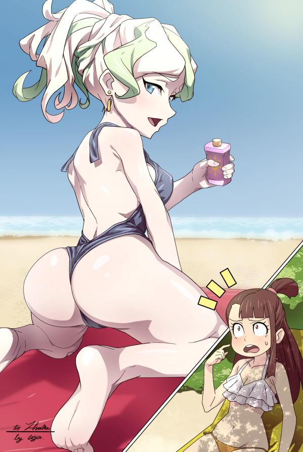 2girls artist_name ass back bare_shoulders barefoot beach bikini blonde_hair blue_eyes blush bottle breasts brown_eyes brown_hair casual_one-piece_swimsuit commission constricted_pupils diana_cavendish earrings eyelashes feet hair_up holding holding_bottle jewelry kagari_atsuko kneeling little_witch_academia long_hair looking_at_viewer looking_back lotion multicolored_hair multiple_girls navel ocean one-piece_swimsuit open_mouth pointing pointing_at_self ponytail sand short_ponytail signature sitting skeb_commission sunlight sunscreen surprised sweatdrop swimsuit towel two-tone_hair uganda_(ugandam_00) wide-eyed yuri