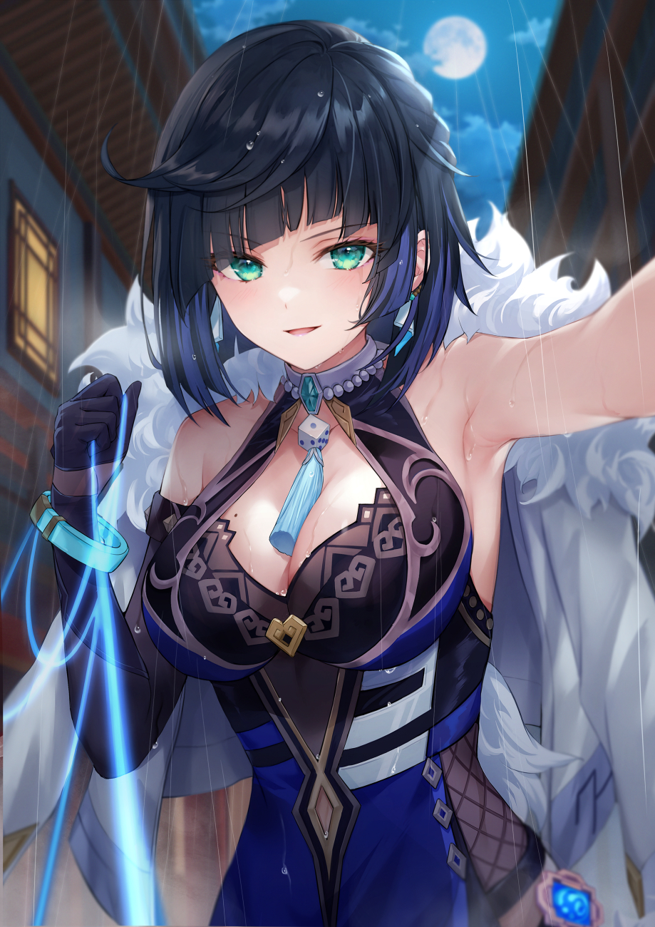 1girl armpits asymmetrical_gloves bangs bare_shoulders bead_choker between_breasts black_hair blue_dress blue_hair blush bob_cut breasts cleavage cleavage_cutout clothing_cutout commentary_request diagonal_bangs dice dress earrings elbow_gloves full_moon fur-trimmed_jacket fur_trim genshin_impact gloves green_eyes higeneko highres jacket jacket_on_shoulders jewelry large_breasts looking_at_viewer mismatched_gloves mole mole_on_breast moon multicolored_hair neck_ring neck_tassel night night_sky open_mouth outdoors pelvic_curtain rain revision short_hair single_elbow_glove sky solo tassel thread two-tone_hair vision_(genshin_impact) wet white_jacket yelan_(genshin_impact)