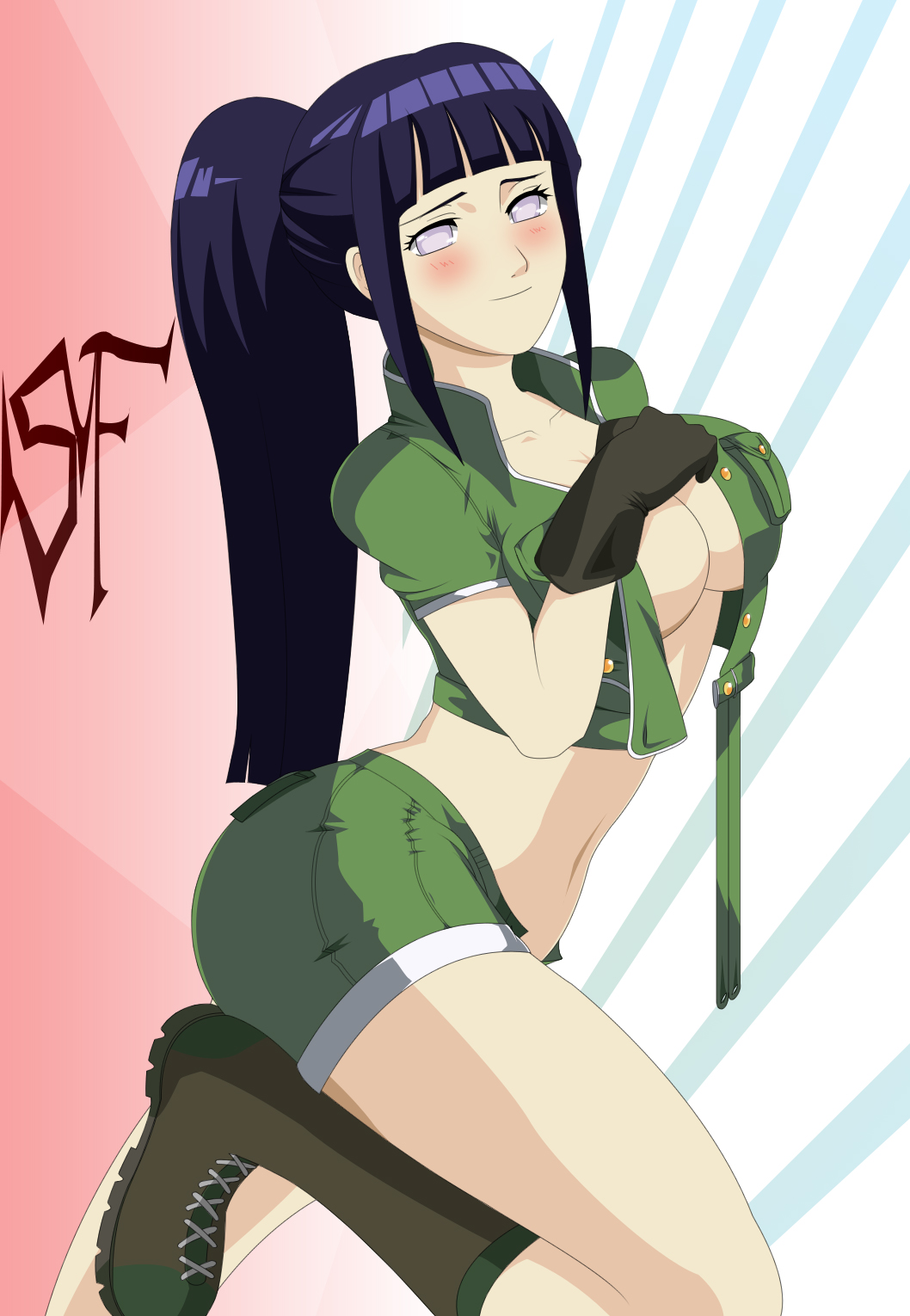 bad_deviantart_id bad_id blush boots breasts cosplay fatigues highres hyuuga_hinata large_breasts leona_heidern leona_heidern_(cosplay) naruto_(series) naruto_shippuuden ponytail solo stiky_finkaz the_king_of_fighters