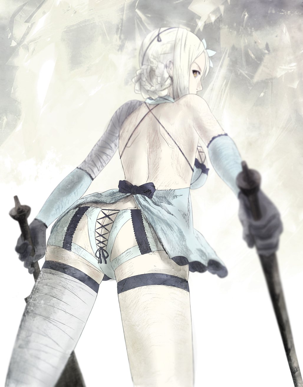 ass back backless_outfit bad_id bad_pixiv_id bandages bare_back blurry braid depth_of_field elbow_gloves fukuhara_tetsuya garters gloves highres kaine_(nier) lingerie looking_back negligee nier nier_(series) panties ribbon short_hair solo sword underwear weapon white_hair white_panties yellow_eyes