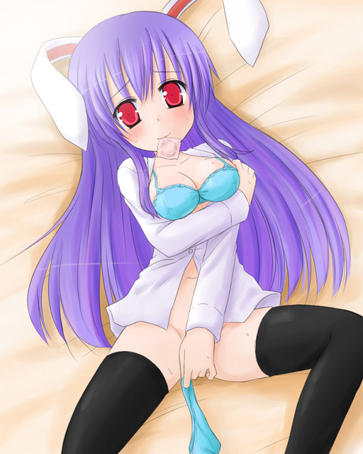 animal_ears black_legwear blush bra breast_hold breasts bunny_ears condom condom_in_mouth kazami_ruku lingerie mouth_hold open_clothes open_shirt panties purple_hair red_eyes reisen_udongein_inaba shirt solo thighhighs touhou underwear