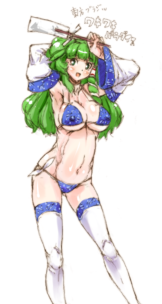 :d adapted_costume arm_behind_head armpits arms_up bad_id bad_pixiv_id bangs bikini blunt_bangs blush body_blush breasts chikuwa_(tks) cleavage commentary contrapposto covered_nipples detached_sleeves green_eyes green_hair hair_ornament hair_tubes head_tilt hips kochiya_sanae large_breasts long_hair looking_away navel oekaki open_mouth shiny shiny_skin side-tie_bikini simple_background sketch smile solo standing swimsuit thighhighs touhou translated white_background wide_sleeves