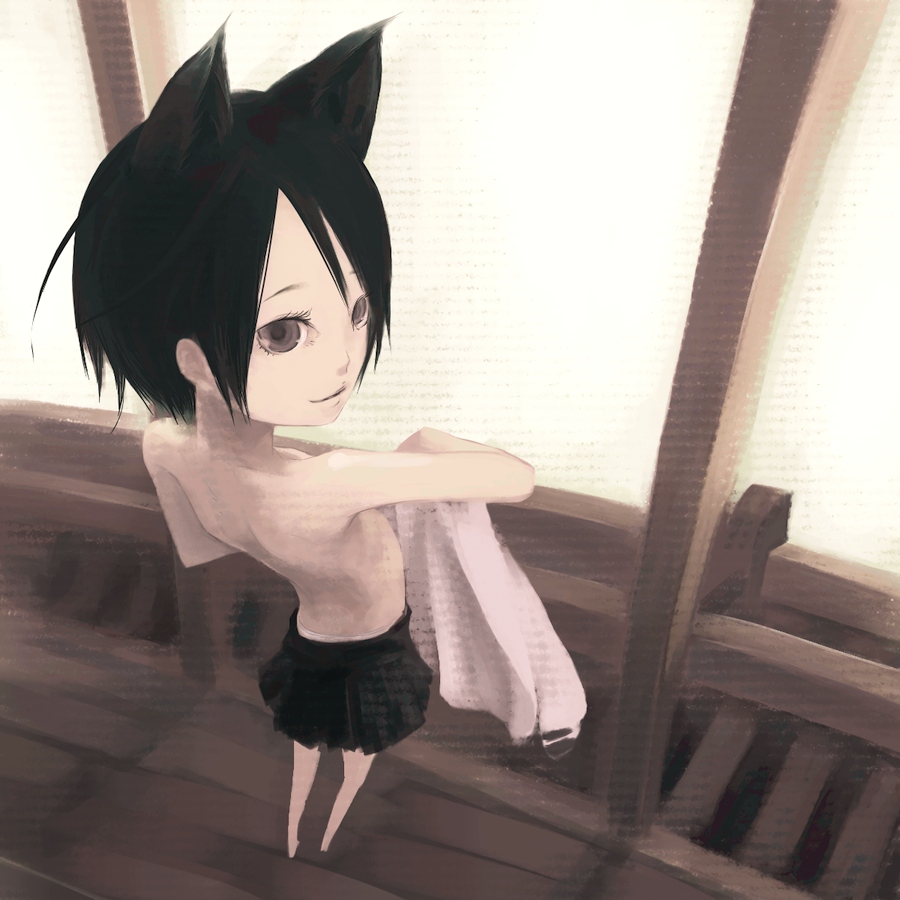 animal_ears black_hair brown_eyes flat_chest from_above original perspective short_hair skirt solo topless yasushi