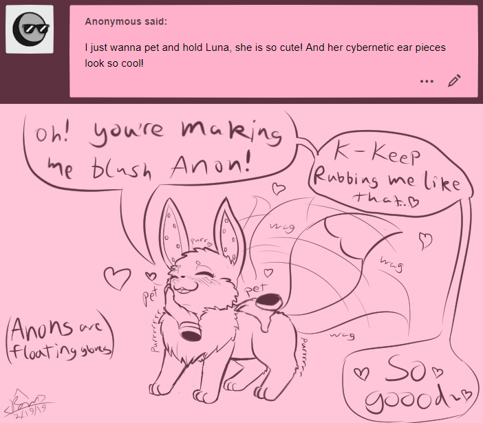 &lt;3 2019 anon ask_blog blush cybernetics dialogue digital_media_(artwork) disembodied_hand eevee english_text eyes_closed fan_character female feral happy luna_the_eevee machine mammal nintendo open_mouth petting pok&eacute;mon pok&eacute;mon_(species) purring rymherdier simple_background smile solo_focus tailwag text tumblr video_games