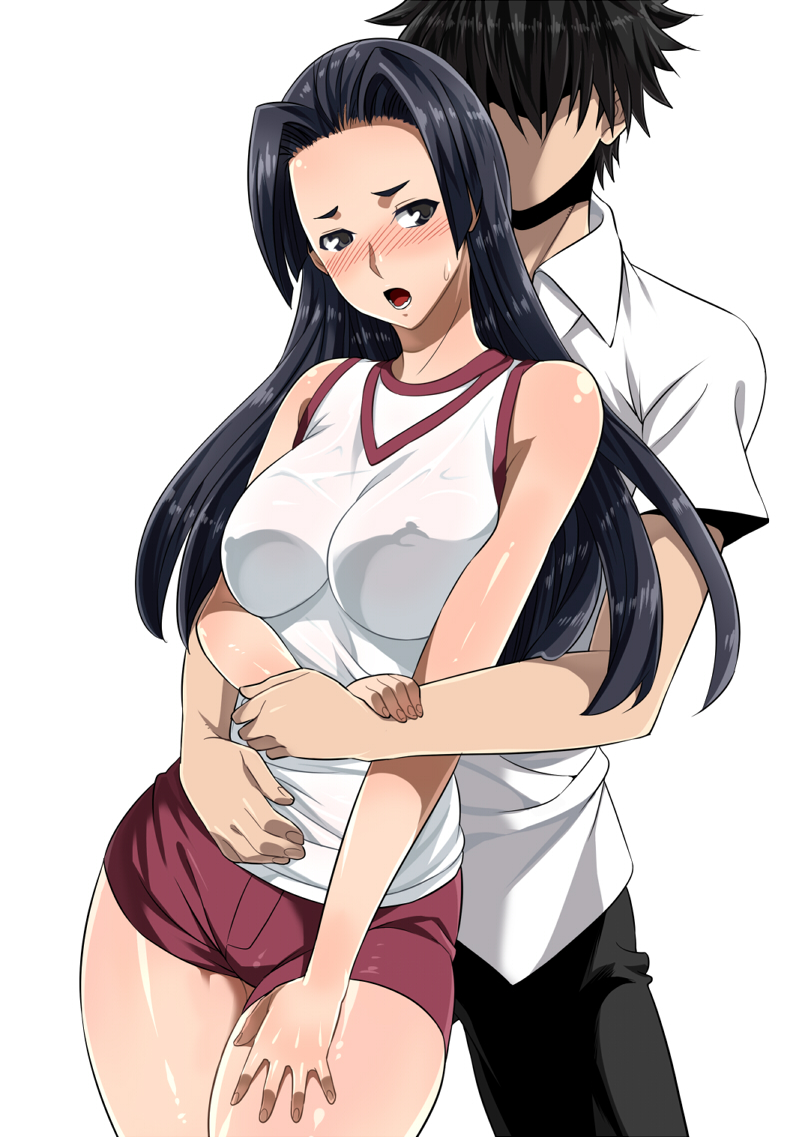 1girl bare_shoulders black_hair blush breasts hetero hug hug_from_behind kamijou_touma kongou_mitsuko large_breasts long_hair open_mouth shin'ya_(shin'yanchi) shiny shiny_skin shorts sweat to_aru_kagaku_no_railgun to_aru_majutsu_no_index