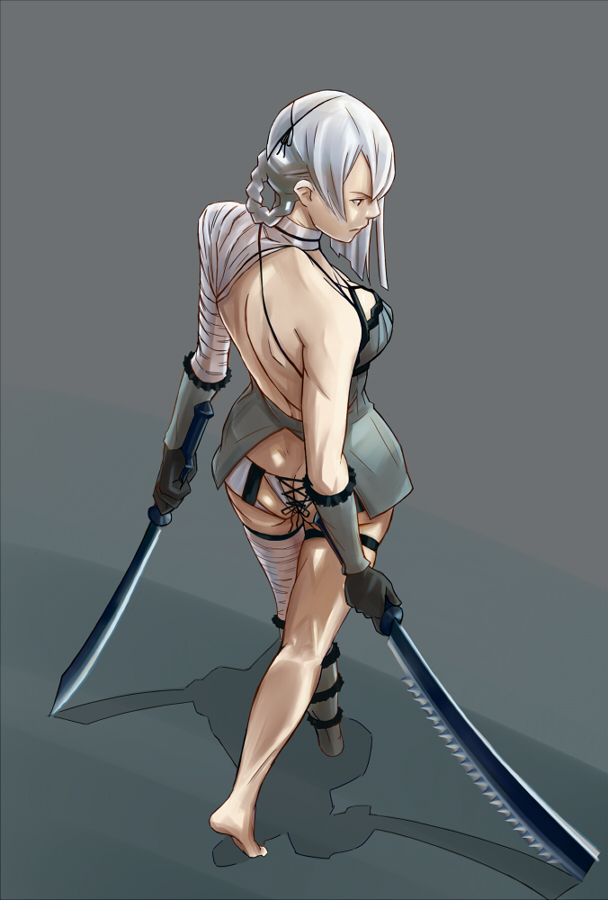 ajks ass asymmetrical_hair back backless_outfit backless_panties bad_id bad_pixiv_id bandages bare_back barefoot braid elbow_gloves from_above from_behind garters gloves kaine_(nier) lingerie negligee nier nier_(series) panties silver_hair solo sword thigh_strap underwear weapon white_panties