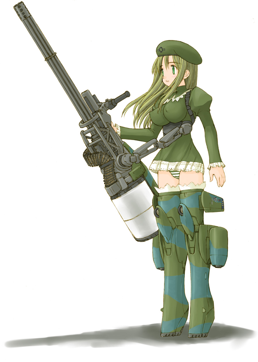 a-10_thunderbolt_ii aircraft airplane beret blouse breasts covered_nipples expressionless frills gatling_gun gau-8 green_eyes green_hair gun hat highres impossible_clothes large_breasts long_hair mecha_musume military mizuyoukan_(norad) original panties pantyshot solo standing striped striped_panties thighhighs underwear weapon white_background