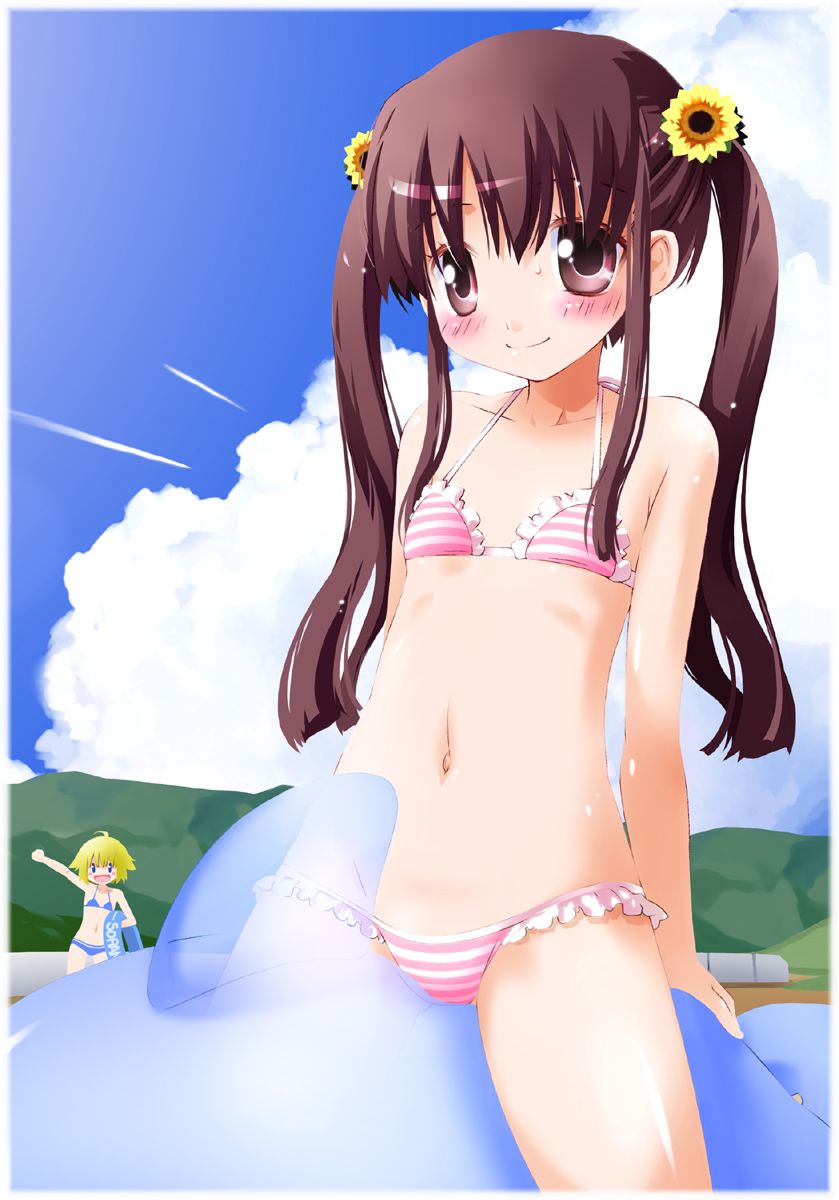 bad_id bad_pixiv_id bikini blush brown_eyes brown_hair cloud day flat_chest flower frilled_bikini frills highres inflatable_dolphin inflatable_toy long_hair multiple_girls navel noto_(soranoto) original riding sky striped striped_bikini sunflower swimsuit twintails