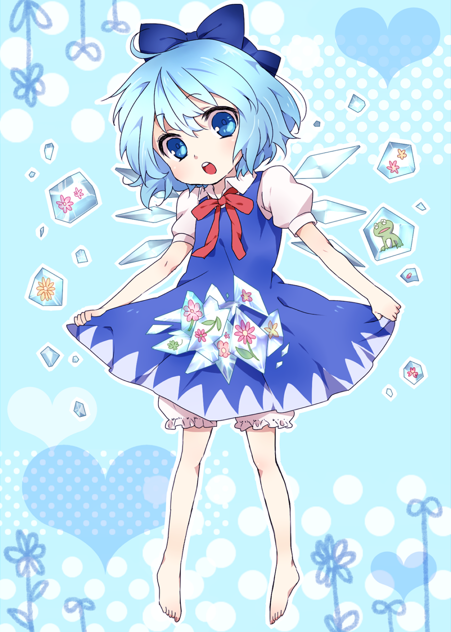 :o bad_id bad_pixiv_id barefoot bloomers blue21 blue_eyes blue_hair bow cirno dress flower frog frozen frozen_frog hair_bow highres ice open_mouth short_hair skirt_basket solo touhou underwear wings