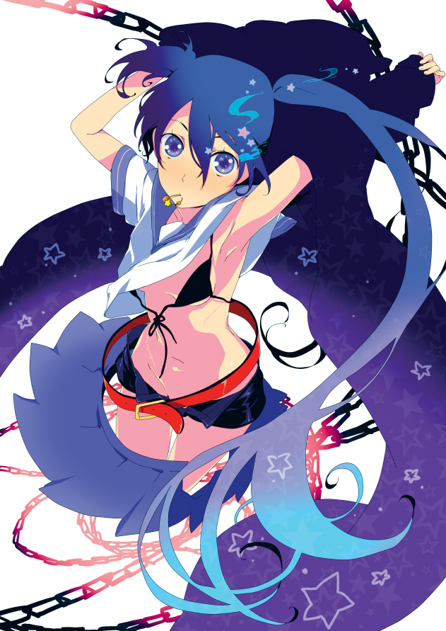 bad_id bad_pixiv_id belt bikini_top black_rock_shooter black_rock_shooter_(character) blue_eyes blue_hair chain kuroi_mato long_hair loose_belt midriff mouth_hold numeri school_uniform serafuku short_shorts shorts solo star transformation transforming_clothes wardrobe_malfunction