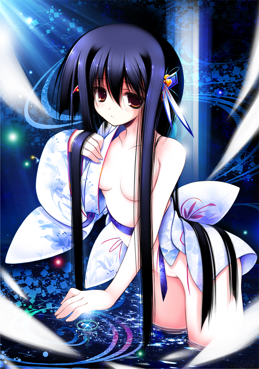 bare_shoulders black_hair breasts brown_eyes clothes_down hair_censor hair_ornament hair_over_breasts hand_in_hair highres japanese_clothes kimono long_hair medium_breasts no_bra no_panties open_clothes original partially_submerged sidelocks solo tenmu_shinryuusai water