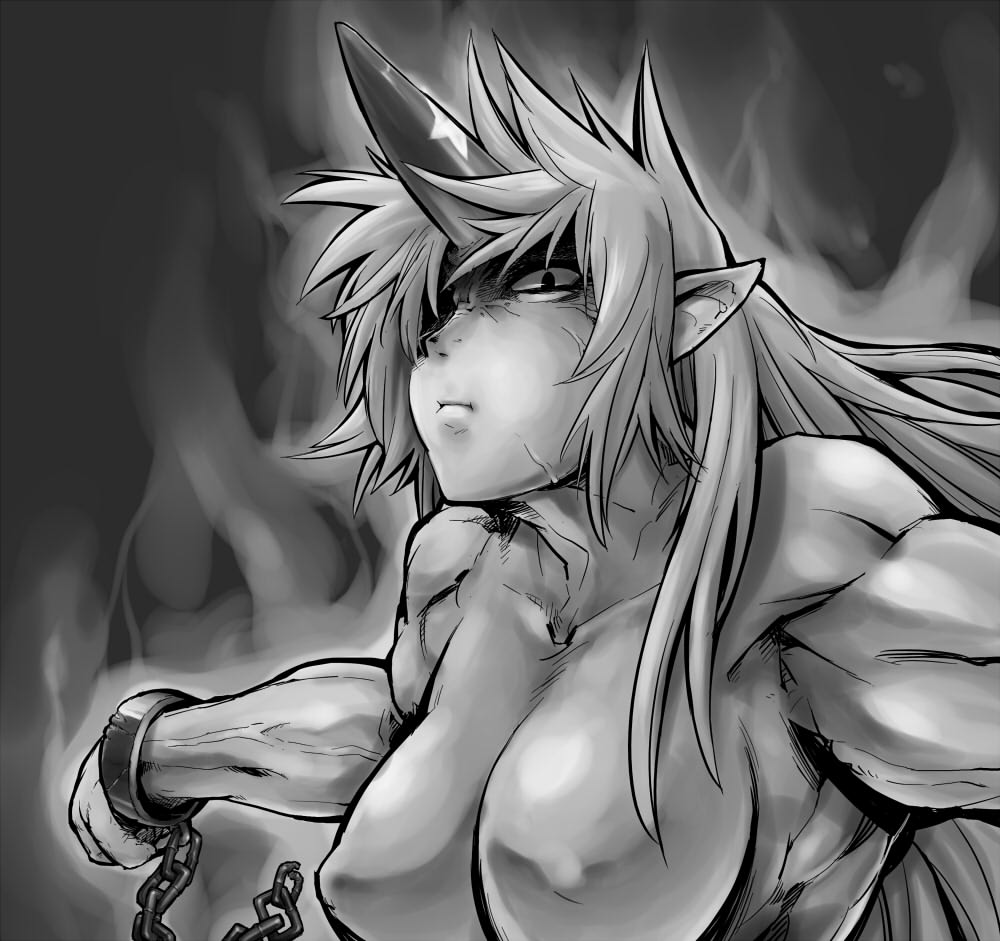 bad_id bad_pixiv_id breasts chain cuffs greyscale horn hoshiguma_yuugi large_breasts long_hair monochrome muscle no_nipples nude pointy_ears solo touhou ume_(noraneko) veins