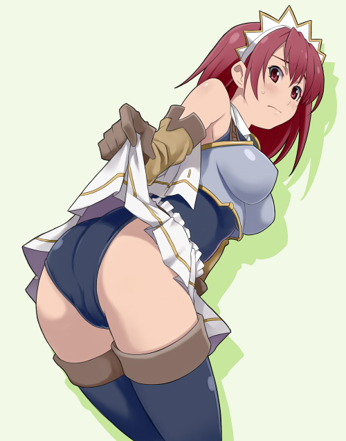 armor ass bad_id bad_pixiv_id bent_over blush cecily_cambell gloves leotard looking_back maruto! red_hair seiken_no_blacksmith skirt skirt_lift solo sweatdrop thighhighs