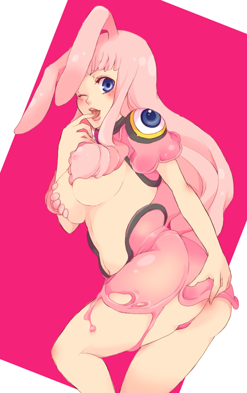 animal_ears blue_eyes blush breasts bunny_ears finger_in_mouth goo_girl large_breasts long_hair mechi melona midriff monster_girl one_eye_closed pink_hair prehensile_hair queen's_blade revealing_clothes slime solo