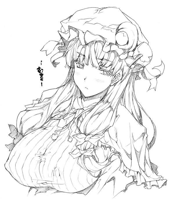 breasts covered_nipples erect_sawaru greyscale hat large_breasts long_hair monochrome patchouli_knowledge shirt solo taut_clothes taut_shirt touhou upper_body