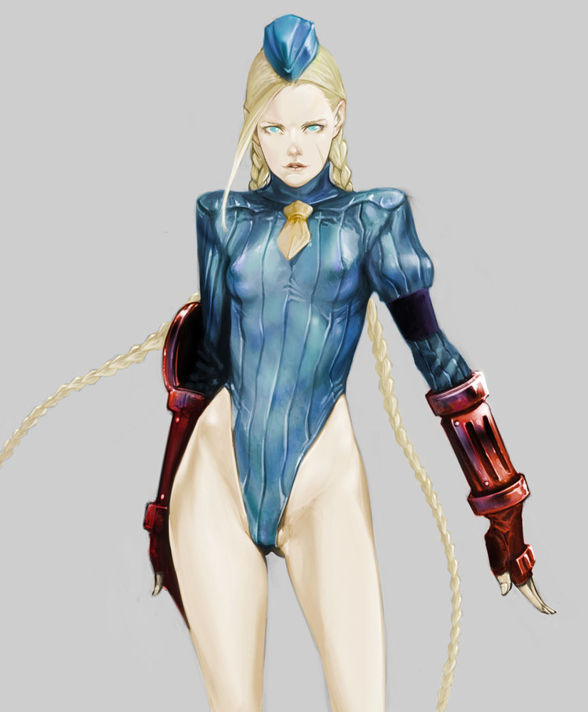 armband armor bad_id bad_pixiv_id bangs blonde_hair blue_eyes blue_leotard braid breasts cammy_white covered_nipples cowboy_shot elbow_gloves fingerless_gloves floating_hair garrison_cap gloves grey_background groin hat highleg highleg_leotard ikeda_masateru leotard long_hair long_sleeves looking_at_viewer necktie parted_lips red_gloves ribbed_leotard scar simple_background small_breasts solo standing street_fighter street_fighter_zero_(series) turtleneck twin_braids vambraces