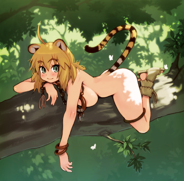 ahoge animal_ears blonde_hair bracelet breast_press breasts cat_ears commentary_request eyebrows green_eyes huge_breasts in_tree jewelry jungle lying nature nude on_stomach original ryoji_(nomura_ryouji) sandals shade smile solo tail tree