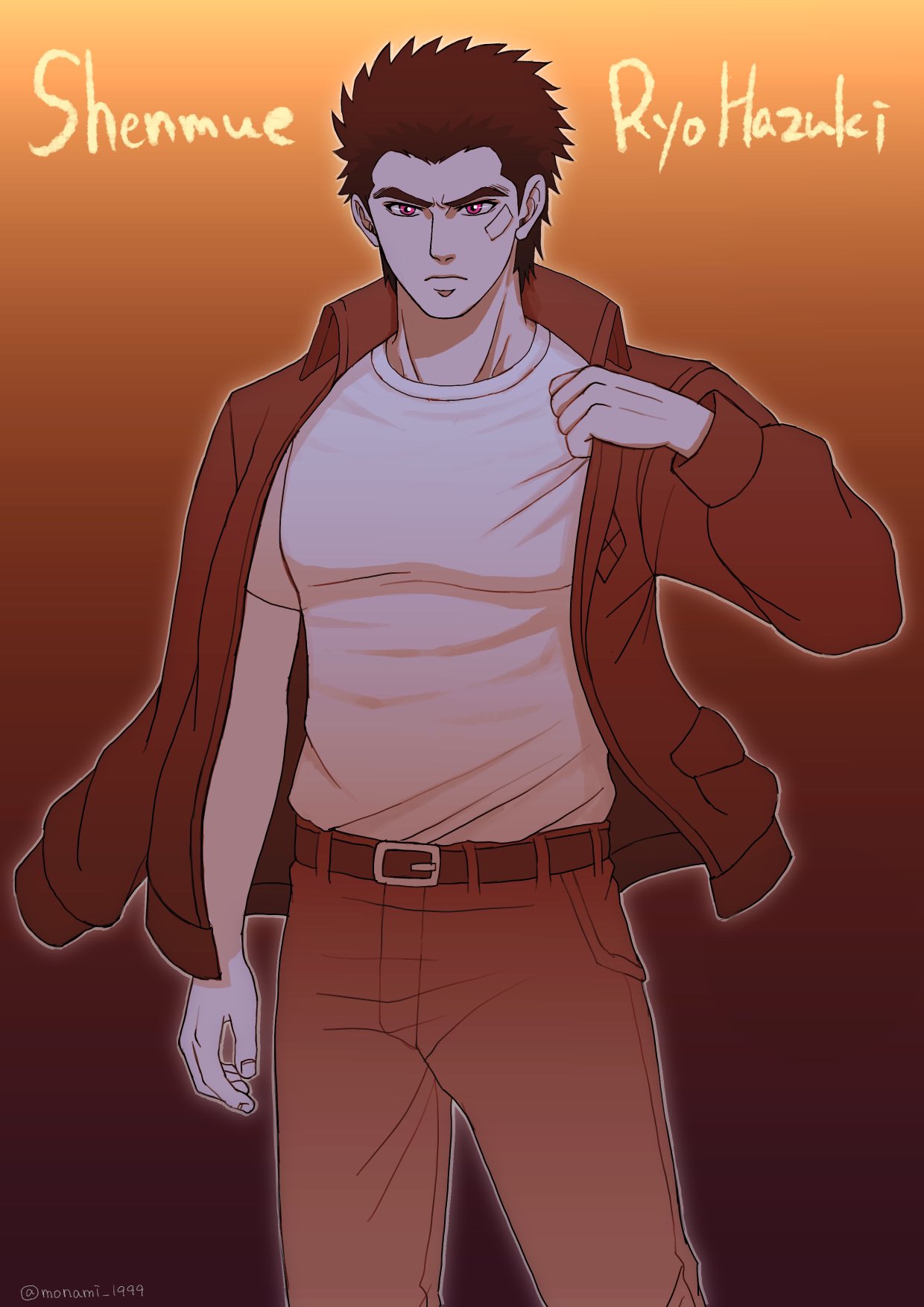 1boy angry bandage_on_face bandages belt brown_hair brown_jacket character_name closed_mouth collared_jacket copyright_name denim gradient gradient_background hazuki_ryou highres jacket jacket_on_shoulders jeans leather leather_jacket looking_at_viewer monami_1999 muscular muscular_male orange_background pants red_eyes serious shenmue shenmue_the_animation shirt shirt_tucked_in signature simple_background solo spiked_hair thick_eyebrows twitter_username white_shirt