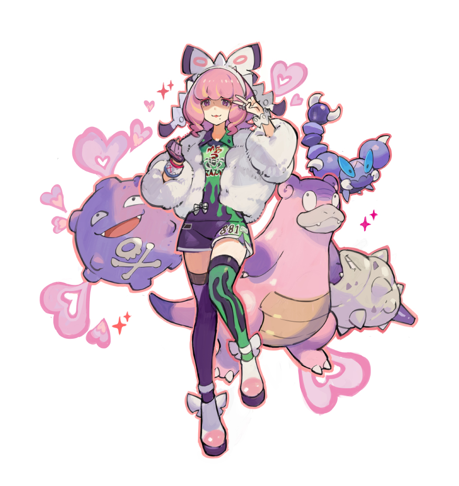 1girl asymmetrical_legwear bangs blue_eyes bracelet collared_shirt dynamax_band fur_jacket galarian_slowbro gloves grey_gloves hands_up heart jacket jewelry klara_(pokemon) koffing mismatched_legwear mole mole_under_mouth outline pink_hair pokemon pokemon_(game) pokemon_swsh shaded_face shirt shoes short_hair shorts simple_background single_glove skorupi starshadowmagician thighhighs v white_background white_footwear white_jacket