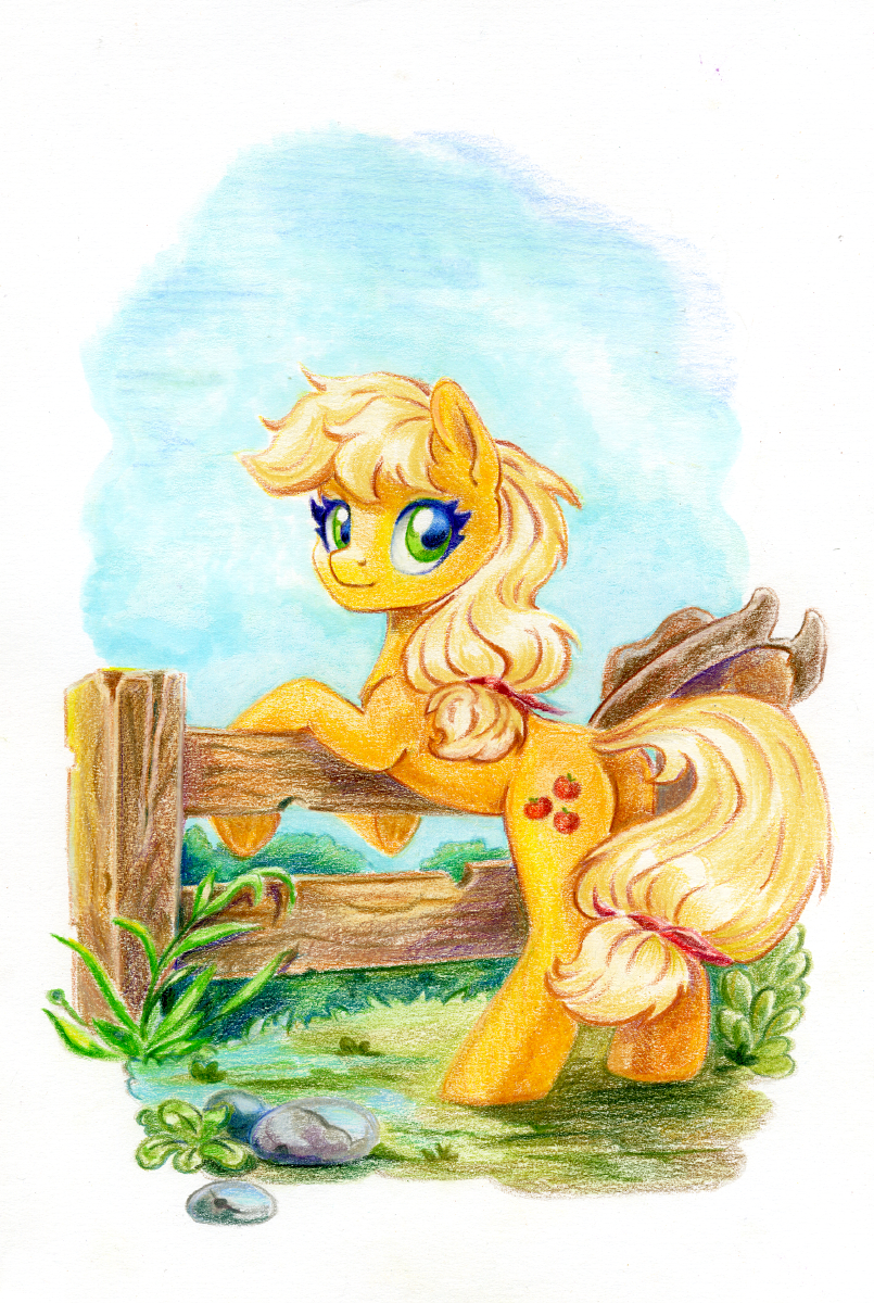 2022 applejack_(mlp) blonde_hair butt clothing colored_pencil_(artwork) cowboy_hat cutie_mark earth_pony equid equine female fence fencepost feral friendship_is_magic hair hasbro hat headgear headwear hi_res horse looking_at_viewer looking_back looking_back_at_viewer mammal maytee my_little_pony orange_body pony ponytail quadruped rock solo traditional_media_(artwork) yellow_tail