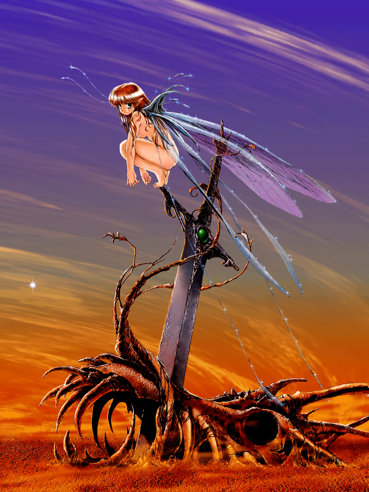 1girl antennae barefoot completely_nude dusk fairy_wings fantasy large_wings long_hair non-web_source nude original outdoors photoshop_(medium) planted planted_sword pointy_ears red_hair skull solo squatting star_(sky) sword tsuzuki_kazuhiko weapon wings