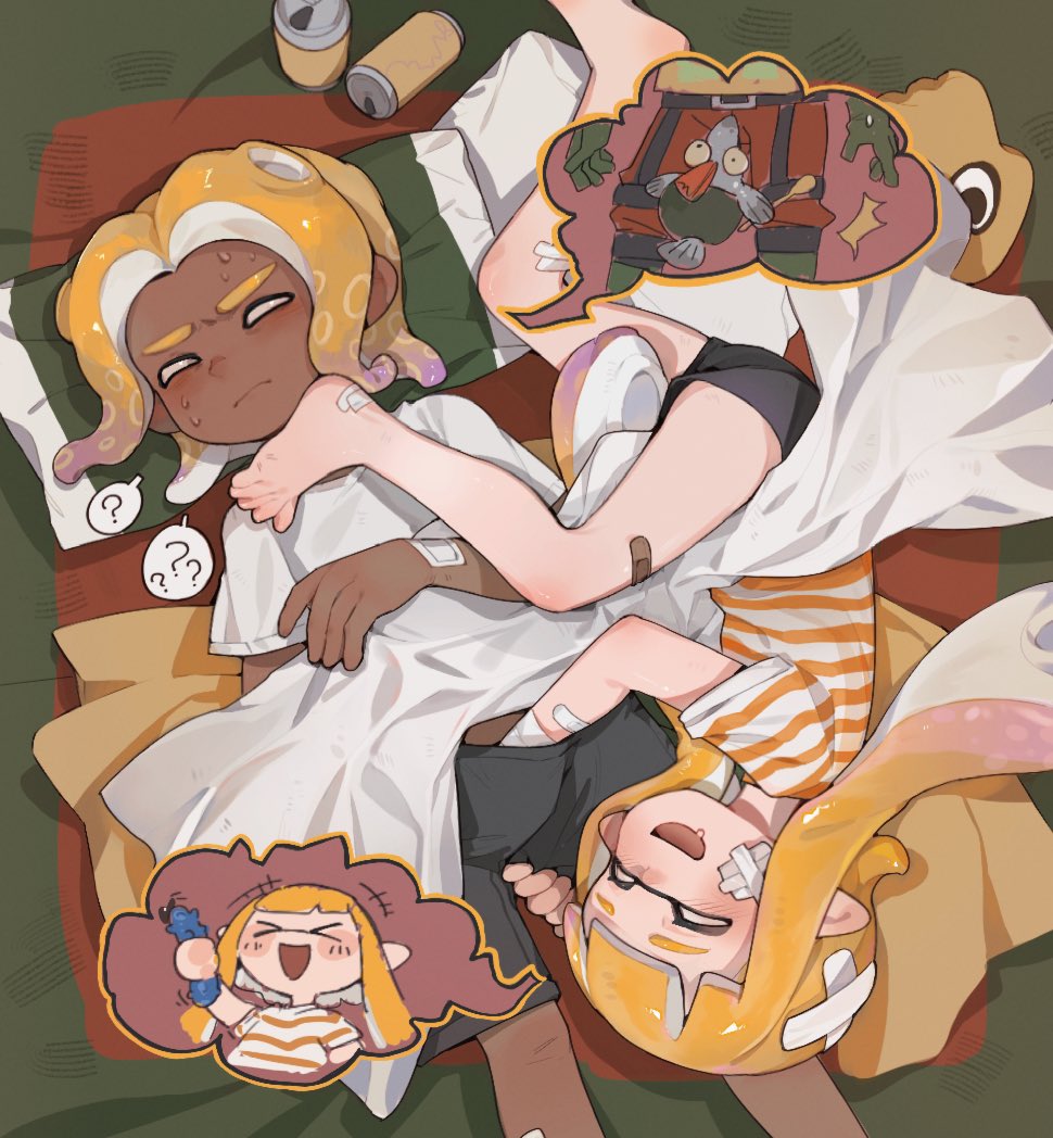 &gt;_&lt; 1boy 1girl :d ? bandaid bandaid_on_leg barefoot black_shorts blanket blush closed_eyes closed_mouth dark-skinned_male dark_skin dreaming drooling feet foot_on_another's_face hand_under_clothes hand_under_shorts hetero inkling lying octoling on_back on_side open_mouth orange_hair penis_grab pillow salmonid salted_whale shirt short_shorts shorts sleep_molestation sleeping smile splatoon_(series) spoken_question_mark striped striped_shirt sweat tentacle_hair toes white_shirt