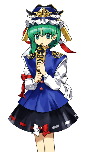 1girl aqua_eyes asymmetrical_hair bare_legs black_skirt blue_headwear blue_vest bow buttons commentary_request covered_mouth cowboy_shot frilled_hat frills green_hair hair_ribbon hat holding_rod kaigen_1025 long_hair long_sleeves looking_at_viewer miniskirt official_art red_bow red_ribbon ribbon ribbon-trimmed_skirt ribbon_trim shiki_eiki shirt shoulder_pads simple_background skirt sleeve_bow solo touhou two-tone_bow two-tone_ribbon vest watermark white_background white_bow white_ribbon white_shirt white_sleeves