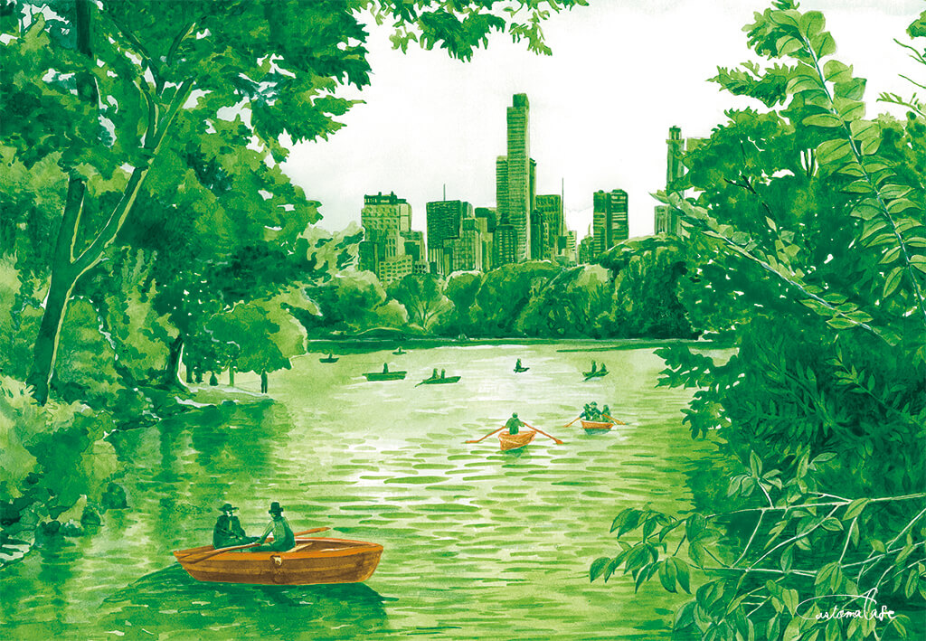 6+others artworksmil boat building central_park_(new_york) city multiple_others new_york original painting_(medium) park plant pond realistic scenery skyscraper traditional_media watercolor_(medium) watercraft