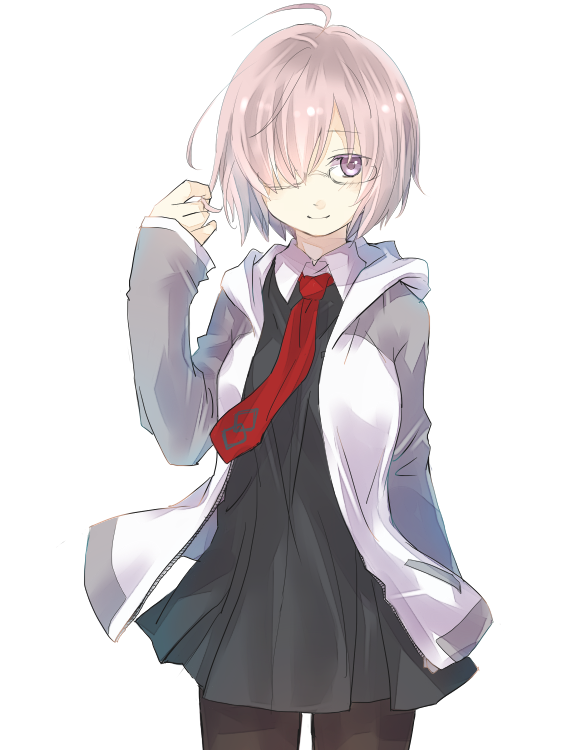 1girl black_dress closed_mouth collared_dress cowboy_shot dress fate/grand_order fate_(series) glasses grey_jacket hair_over_one_eye hand_up hood hood_down hooded_jacket jacket kujimaru long_sleeves mash_kyrielight multicolored_clothes multicolored_jacket necktie pantyhose pink_hair purple_eyes red_necktie short_hair simple_background smile solo two-tone_jacket white_background white_jacket