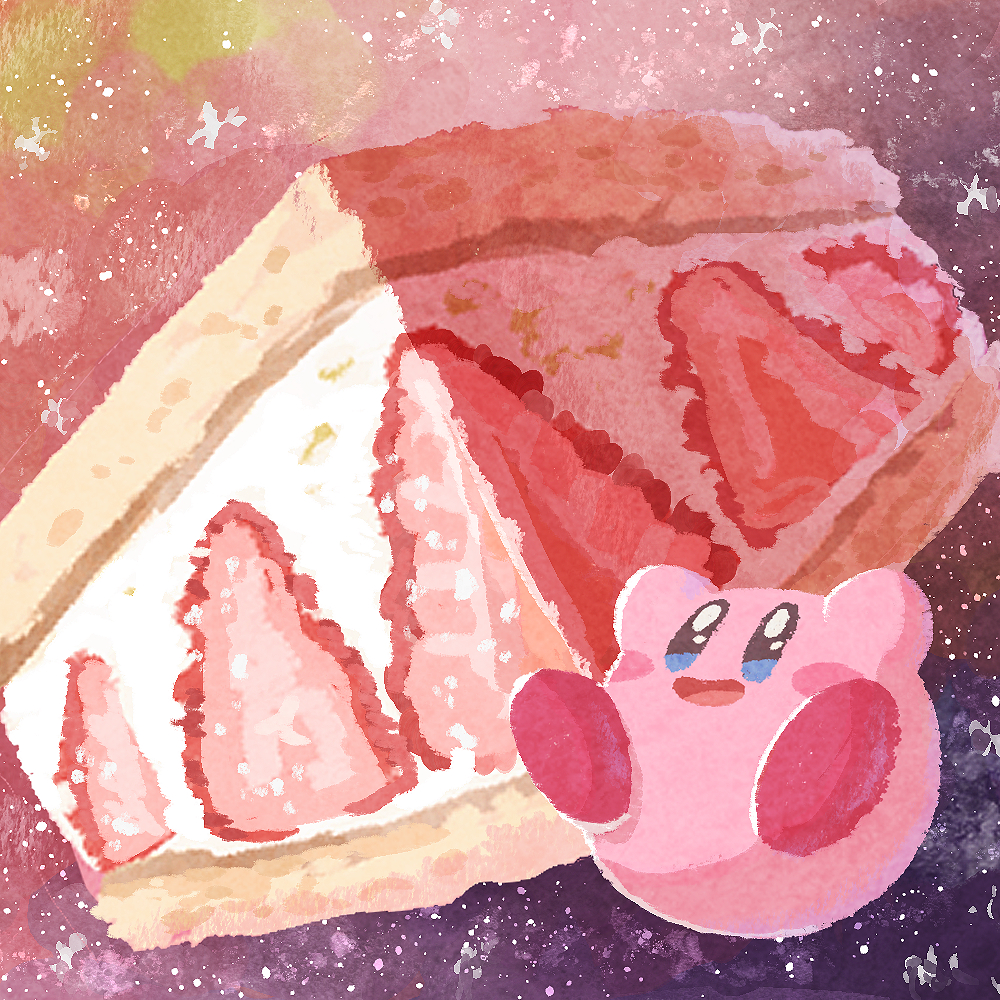 2024 4:5 :d alien ambiguous_gender ara_love_kirby armor atmospheric atmospheric_perspective barefoot big_head black_eyes blue_eyes blush cake claws cute_eyes dessert detailed detailed_background earless feet flying food fruit glistening glistening_eyes happy kirby kirby_(series) legs_up looking_up night nintendo noseless not_furry nude open_mouth outside pink_background pink_body pink_claws pink_skin plant raised_hand red_feet rosy_cheeks round_body round_eyes round_head signature simple_background sky small_body smile solo solo_focus space sphere_creature star strawberry textured_background tomato twitter waddling_head