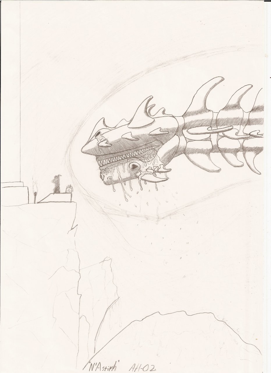2002 altar ambiguous_gender ambiguous_species biped bodily_fluids cliff drooling duo eldritch_abomination feral graphite_(artwork) hi_res leonidae pencil_(artwork) pillar ritual sacrificial_altar saliva shaded sharp_teeth side_view spine teeth traditional_media_(artwork)