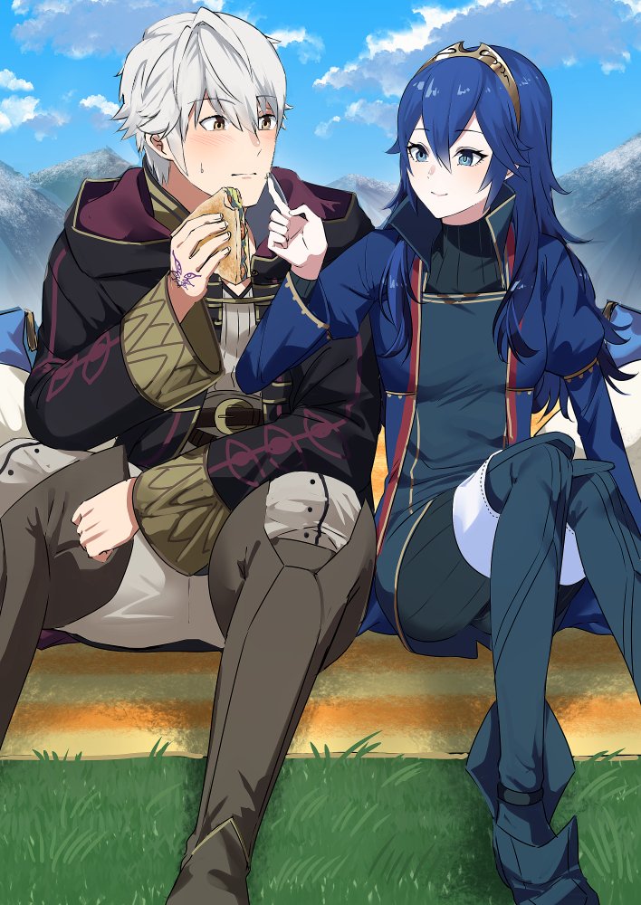 1boy 1girl ameno_(a_meno0) black_robe blue_eyes blue_footwear blue_hair blue_jacket blue_sky blue_sweater blush boots brown_eyes brown_footwear cloud commentary_request fire_emblem fire_emblem_awakening food food_on_face grass hair_between_eyes hand_tattoo holding holding_food hood hood_down hooded_robe jacket long_hair long_sleeves looking_at_another lucina_(fire_emblem) mountainous_horizon open_clothes open_jacket outdoors pants picnic ribbed_sweater robe robin_(fire_emblem) robin_(male)_(fire_emblem) sandwich short_hair sitting sky sweatdrop sweater tattoo tiara turtleneck turtleneck_sweater white_hair white_pants