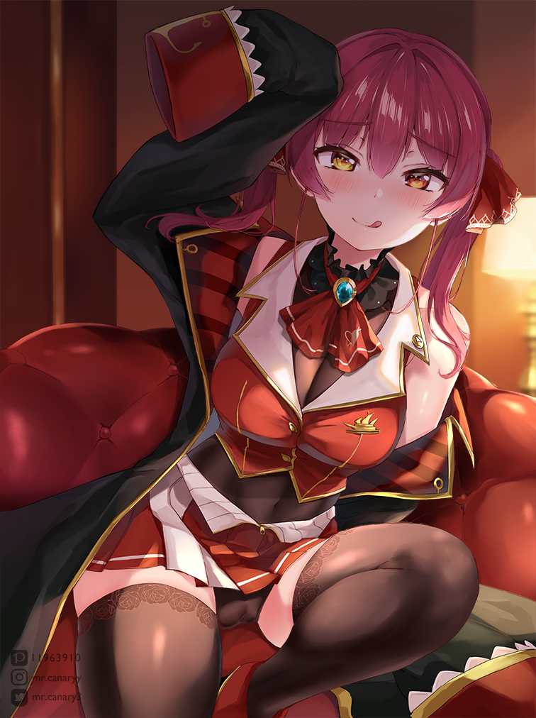 1girl :q arm_support ascot black_thighhighs blush breasts brooch buttons cameltoe cleavage couch desk_lamp frilled_shirt_collar frills gold_trim hair_ribbon hand_up heterochromia hololive houshou_marine houshou_marine_(1st_costume) indoors instagram_username jacket jewelry lace-trimmed_legwear lace_trim lamp lapel_pin lapels large_breasts leotard leotard_under_clothes long_hair looking_at_viewer miniskirt mr.canaryy notched_lapels off_shoulder on_couch pixiv_id pleated_skirt red_ascot red_eyes red_hair red_jacket red_ribbon red_skirt ribbon see-through see-through_cleavage see-through_leotard skin_tight skirt sleeveless sleeveless_jacket sleeves_past_fingers sleeves_past_wrists solo thighhighs tongue tongue_out twintails twitter_username virtual_youtuber yellow_eyes zettai_ryouiki
