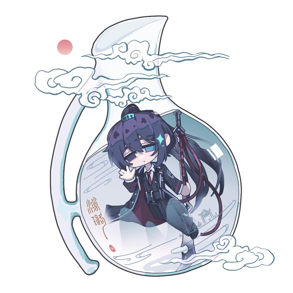 1boy aqua_eyes belt black_belt black_eyes black_hair chibi cloud collared_shirt feng_bang guan_dao hand_up heterochromia high_ponytail holding holding_polearm holding_weapon hong_lu_(project_moon) in_flask limbus_company long_hair looking_at_viewer male_focus necktie open_mouth polearm project_moon red_necktie shirt simple_background solo very_long_hair weapon white_background white_shirt