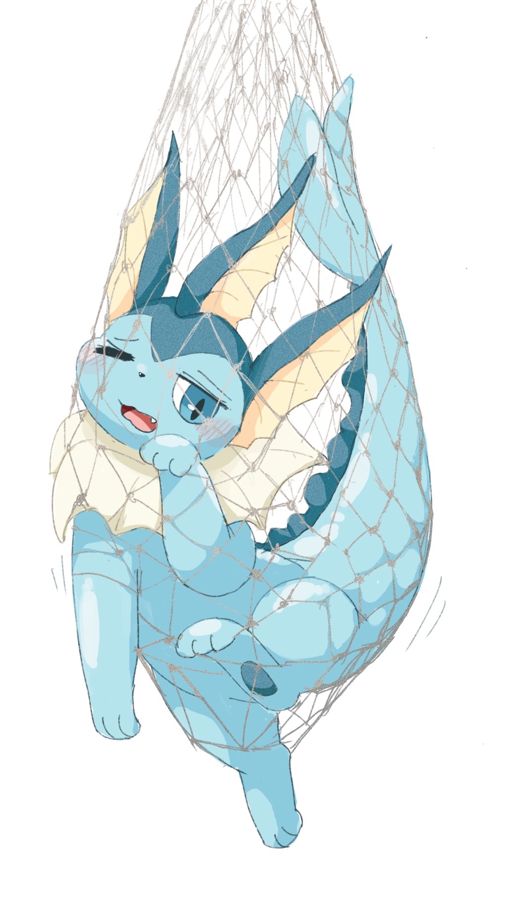 2023 3_toes ambiguous_gender blue_body blue_eyes blush cute_fangs digital_media_(artwork) digitigrade eeveelution feet feral fin fishing_net frill_(anatomy) generation_1_pokemon hi_res kemono looking_at_viewer net nintendo one_eye_closed open_mouth pawpads paws pokemon pokemon_(species) quadruped simple_background solo tail toes tongue unko_koedame vaporeon white_background
