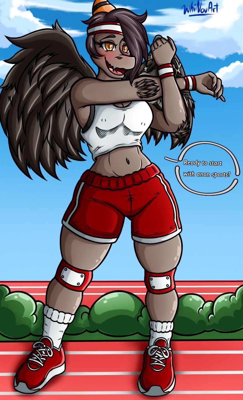 5_fingers accessory anthro arm_feathers asymmetrical_hair bad_english blush bone_frill bottomwear bra breasts brown_hair cleavage clothed clothing cloud colored crop_top detailed_background dialogue elbow_feathers english_text feathers female fingers footwear frill_(anatomy) goodbye_volcano_high grey_body grey_feathers grey_scales hair head_crest head_frill headband hi_res knee_pads looking_at_viewer midriff naser_(gvh) nasera nipple_outline offscreen_character open_mouth open_smile plant plantigrade pterodactylus pterosaur pupils reptile scales scalie shirt shoes shorts shrub sky slit_pupils smile snout solo speech_bubble standing stretching sweatband talking_to_another talking_to_viewer tank_top text thigh_gap tongue topwear translated underwear whinouart workout_clothing wristband yellow_eyes