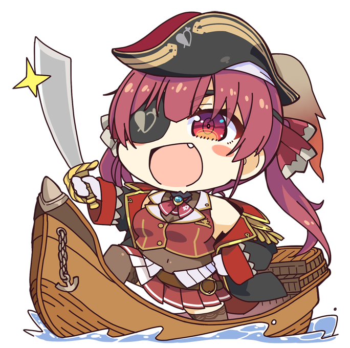 1girl :d anchor arrow_through_heart ascot black_thighhighs boat chibi coat commentary_request fang hair_ribbon hand_on_own_hip hat hololive houshou_marine houshou_marine_(1st_costume) jacket leotard leotard_under_clothes low_twintails pirate_hat pleated_skirt red_ascot red_eyes red_hair red_jacket red_ribbon red_skirt ribbon saber_(weapon) sidelocks skirt sleeveless sleeveless_jacket smile solo sword thighhighs tottori transparent_background twintails two-sided_coat two-sided_fabric virtual_youtuber watercraft weapon