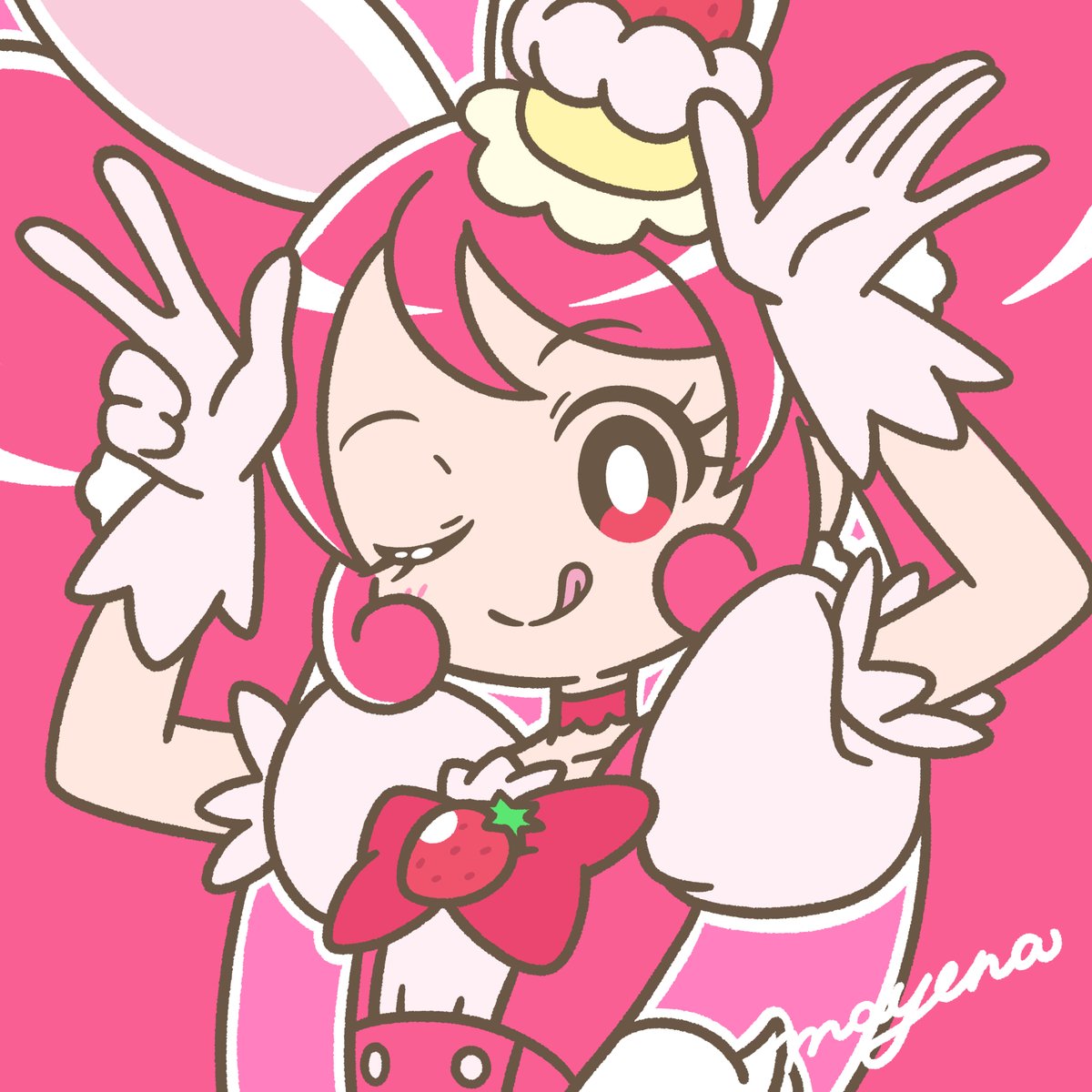 1girl ;d animal_ears arms_up blush bright_pupils buttons cake_hair_ornament choker cure_whip dress earrings extra_ears eyelashes food-themed_hair_ornament gloves hair_ornament highres jewelry kirakira_precure_a_la_mode licking_lips long_hair looking_at_viewer magical_girl mayena one_eye_closed outline pink_choker pink_eyes pink_hair pom_pom_(clothes) pom_pom_earrings precure puffy_short_sleeves puffy_sleeves rabbit_ears short_sleeves signature simple_background smile solo tongue tongue_out twintails upper_body usami_ichika v white_gloves white_outline