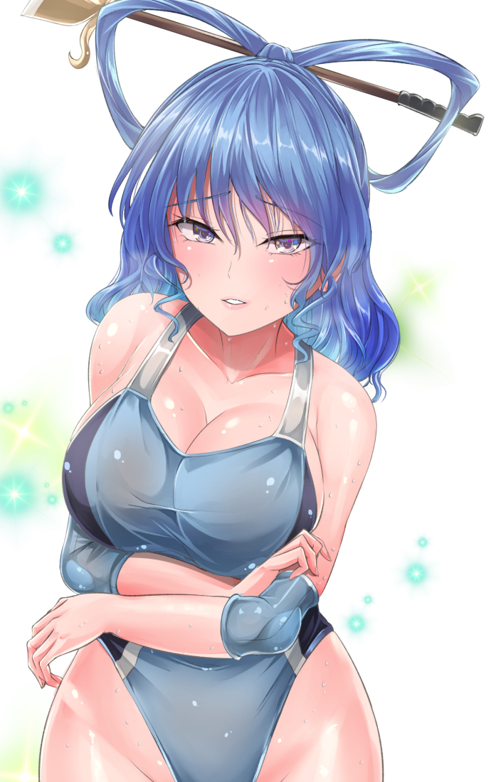 1girl bangs blue_eyes blue_hair blue_one-piece_swimsuit breasts collarbone cowboy_shot elbow_pads gradient gradient_background hair_ornament hair_rings hair_stick kaku_seiga large_breasts light_blue_hair lips looking_at_viewer medium_hair smile solo sparkle sparkle_background swimsuit touhou touhou_tag_dream white_background wrestling_outfit y2