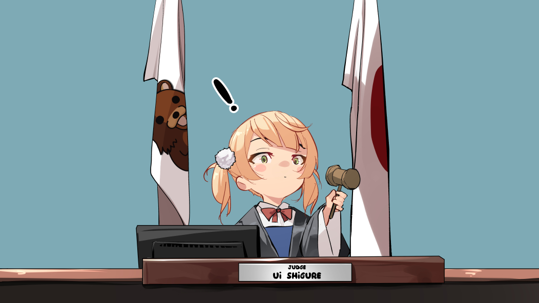 ! 1girl blush_stickers closed_mouth commentary english_commentary green_eyes hair_ornament hammer holding holding_hammer indie_virtual_youtuber japanese_flag judge pedobear pom_pom_(clothes) pom_pom_hair_ornament shigure_ui_(vtuber) shigure_ui_(young)_(vtuber) short_hair solo sydus twintails virtual_youtuber