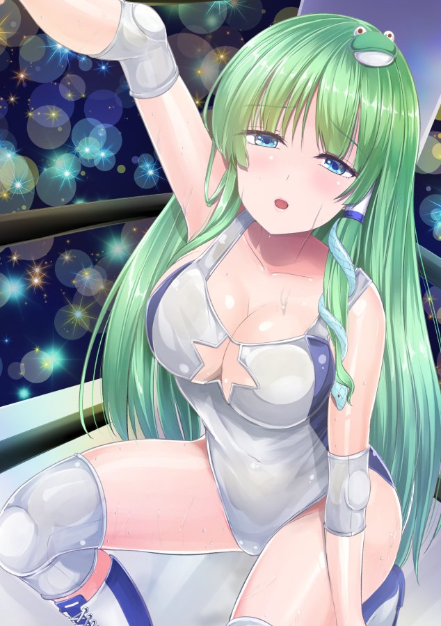 1girl audience blue_eyes blue_leotard breasts cleavage_cutout clothing_cutout collarbone cross-laced_footwear elbow_pads exhausted frog_hair_ornament from_above green_hair hair_between_eyes hair_ornament hair_tubes holding holding_rope knee_pads kochiya_sanae large_breasts leotard lights lips looking_at_viewer looking_up open_mouth rope snake_hair_ornament sparkle stage_lights sweat touhou touhou_tag_dream white_footwear white_leotard wrestling_outfit wrestling_ring y2